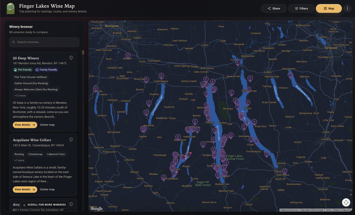 Finger Lakes Wine Map interactive map and winery browser showing 88 wineries plotted across Seneca, Keuka, Cayuga, and Canandaigua Lakes